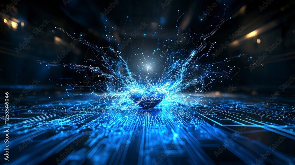 Poster electric circuit explosion digital realm abstract art dark environment close-up perspective energy c