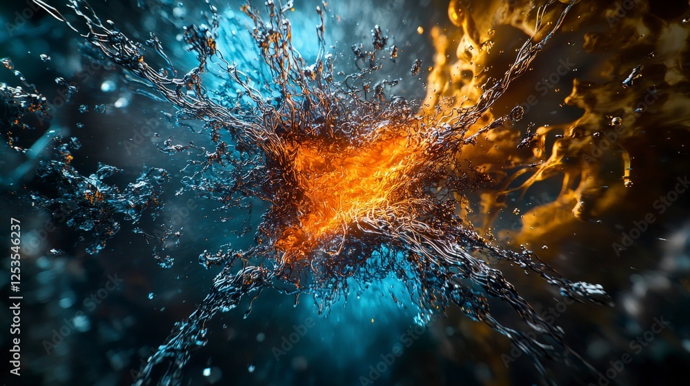 Poster dynamic water and fire collision abstract art digital creation vivid environment close-up viewpoint 