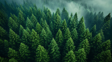 Obraz premium Aerial View of Misty Evergreen Forest