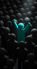 ** Stand Out: Be Different, Be Unique. A Turquoise Figure Shines in a Crowd of Gray. Leadership, Individuality, Success.