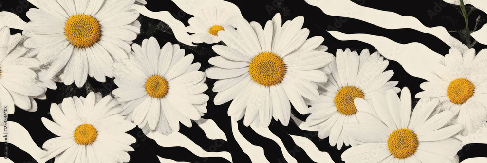 Poster intricate seamless pattern of textured daisies with african geometric design in black and white