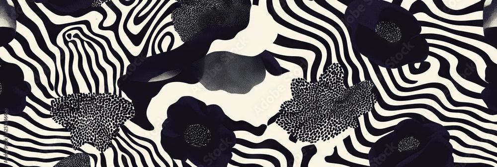 Poster bold abstract flower pattern with african textures and geometric lines in black and white
