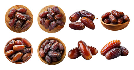 Fresh Dates in Various Bowls on White Background for Healthy Snack, isolated on transparent background