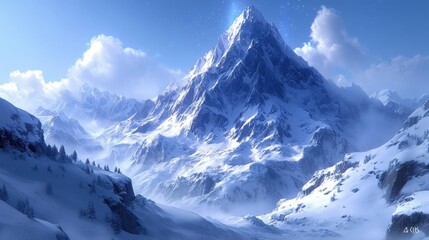 Snowy Mountain Peaks Under Blue Sky