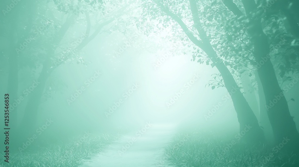 Poster shrouded glade, an enchanting grove enveloped in soft emerald light, surrounded by a delicate mist, 
