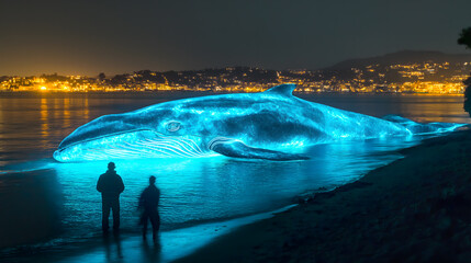 Bioluminescent whale glowing on a dark beach at night