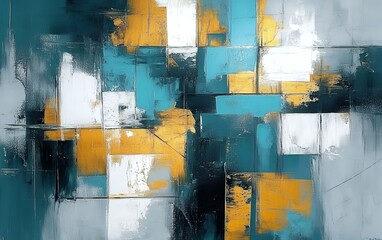 Luxury abstract painting with gold and teal geometric blocks featuring metallic textures and contemporary artistic composition for stylish home and office interior decor and elegant modern digital wal
