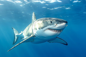 Fototapeta premium Great white shark swimming in ocean.