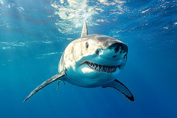 Great white shark swimming in ocean.