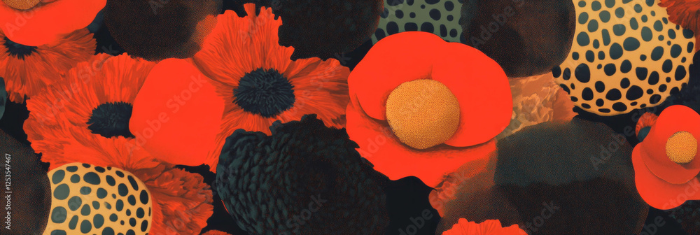 Poster seamless pattern of abstract flowers featuring african textures and bold circles