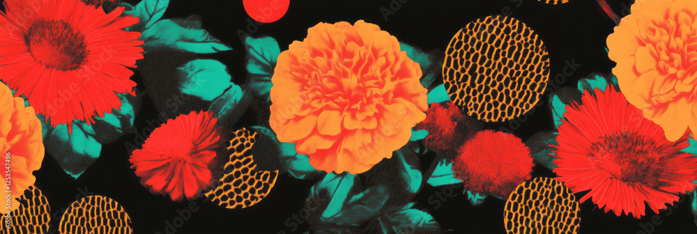Poster vibrant seamless pattern featuring abstract flowers and contrasting circles with african textures