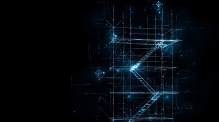 Obraz premium Digital Ladder to the Future: A mesmerizing abstract image featuring a luminous ladder constructed from geometric lines against a dark backdrop, representing innovation, technological advancement.
