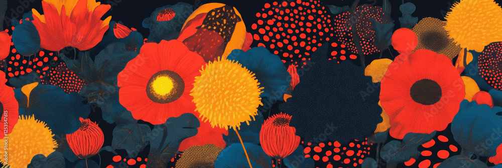 Poster vibrant circular flower pattern with african influences and dynamic dot arrangements