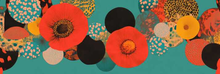 Stylized flowers in circular patterns with African motifs and diverse dot arrangements