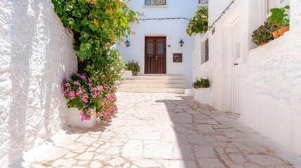 Sunny Greek Island Alleyway, Whitewashed Houses, Flowers, Vacation