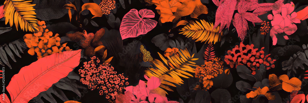 Poster floral design featuring contrasting african patterns and textures in seamless background