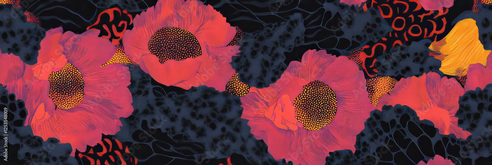Poster intricate interlocking floral shapes with varied textures and african patterns for banners