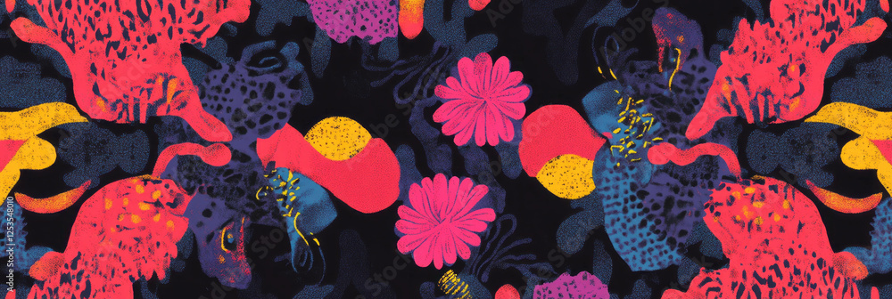 Poster seamless pattern featuring interlocking floral shapes with intricate african-inspired designs