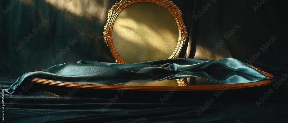 Poster elegant mirror reflection with silk drapery studio setting artistic close-up view visual aesthetics