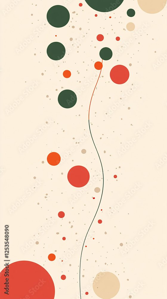 Poster a whimsical abstract artwork with scattered red green and orange circles connected by thin lines flo
