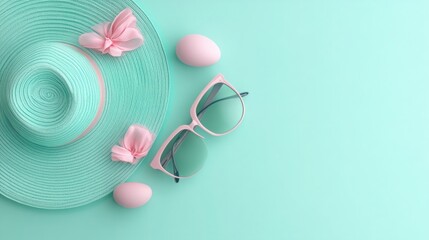 Pastel mint green background displays a light teal straw hat, pink sunglasses, and pink Easter eggs arranged in a flat lay composition, featuring delicate pink flowers