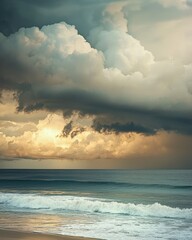 Dramatic storm clouds over serene ocean waves beach landscape coastal environment wide angle view