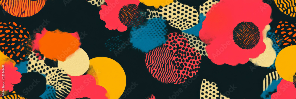 Poster colorful seamless pattern of flowers with geometric backgrounds and stylized lines