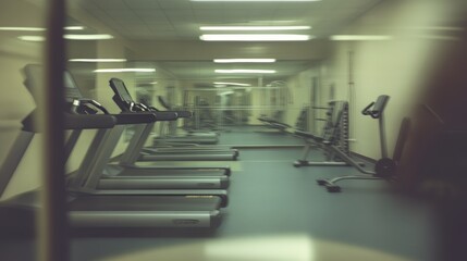 blurred gym background, sports fitness room with treadmills and exercise equipment in defocus, and text copy space