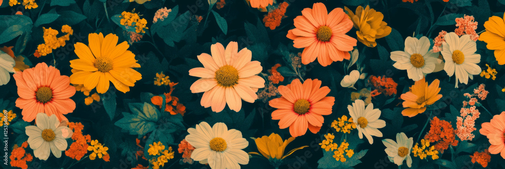 Aufkleber seamless pattern of textured daisies with geometric borders for vibrant background design