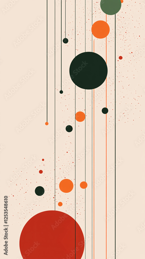 Poster a modern minimalist abstract art piece featuring vertical lines and floating circles in red green an