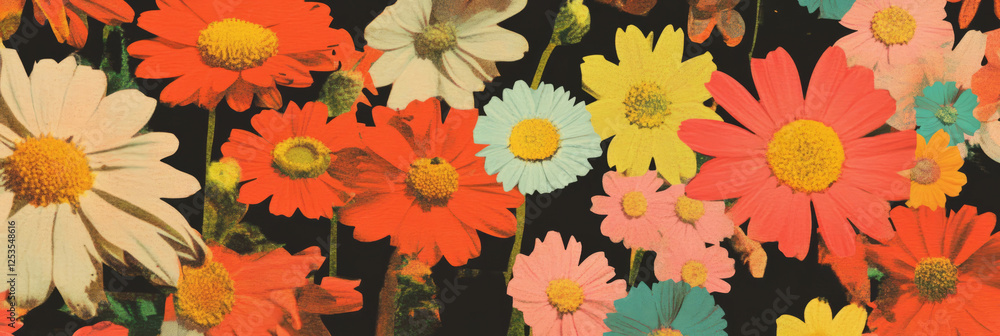 Poster colorful textured daisies with geometric borders in seamless pattern design for banners