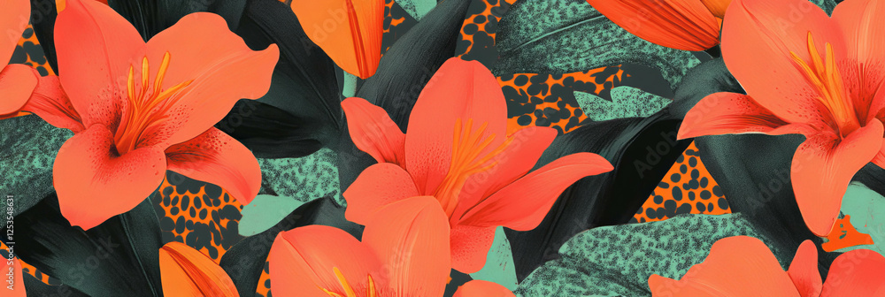 Poster Repeating pattern of abstract lilies with bold African-inspired lines and textures
