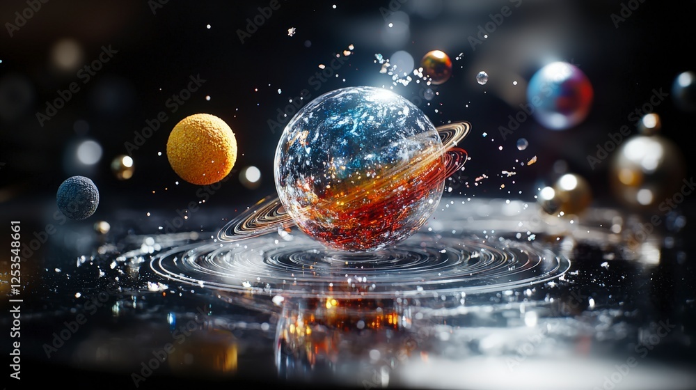 Fototapete Dynamic shapes orbiting in cosmic space digital art sci-fi environment high-detail view abstract concept