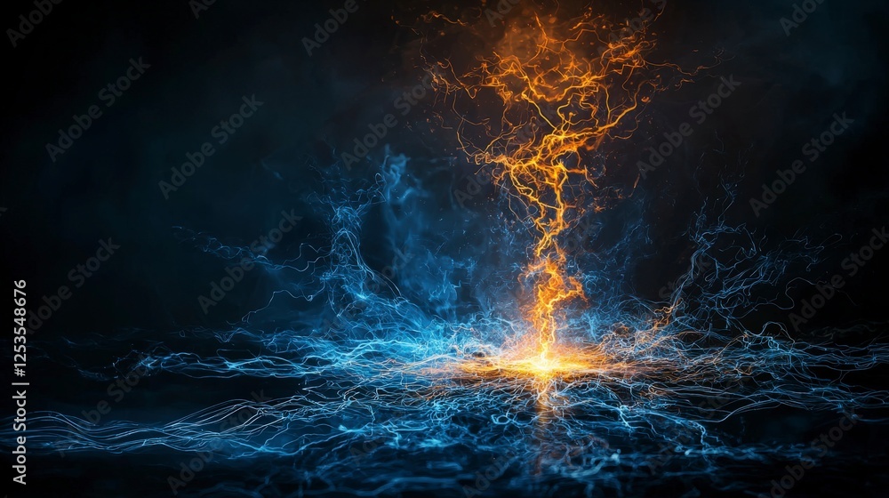 Poster dynamic shapes of lightning bolt energy rising abstract art dark background electric concept high-co