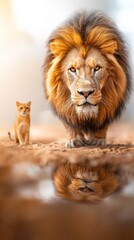 Majestic lion and curious cat: wildlife encounter by water's edge