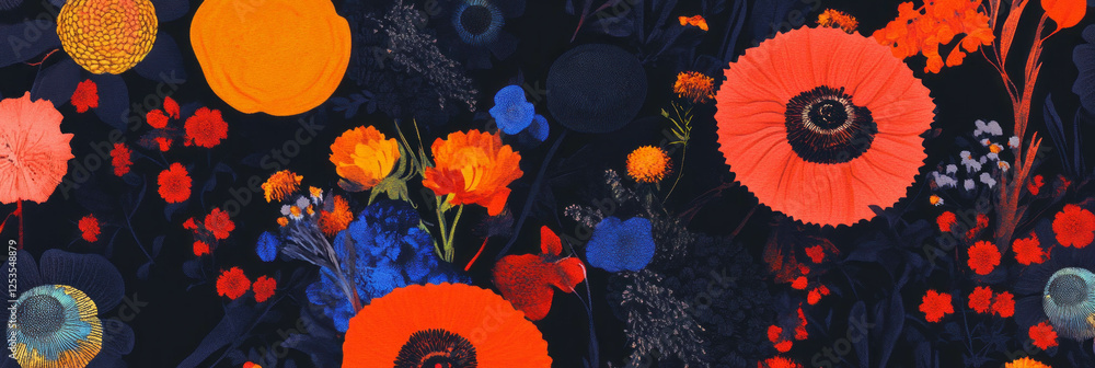 Poster seamless textile pattern of flowers with african motifs and vibrant colors in multiple sizes