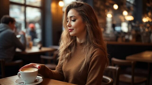 Young woman enjoying coffee in cozy cafe ambiance during afternoon hours