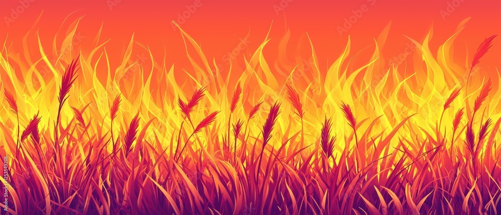 Poster vibrant digital artwork of a translucent gradient background with fiery grass and wheat elements