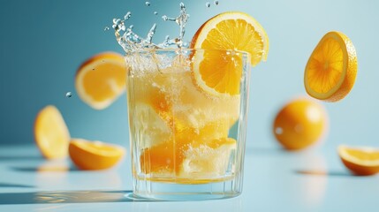 A refreshing drink with lemon slices splashing in a glass against a blue background.
