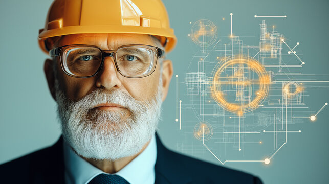 Experienced Engineer, Digital Overlay: A portrait of a seasoned engineer, wearing a yellow hardhat and glasses, his serious gaze fixed on the viewer.