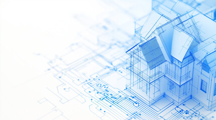 Blueprints to Reality: A 3D model of a house, constructed with precision and detail, stands majestically atop its blueprint.