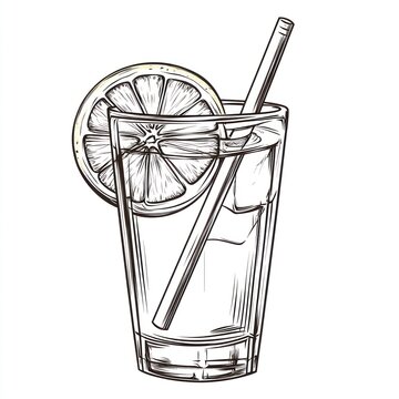 drink with lemon slice and straw sketch clip art preview