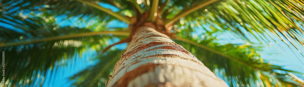 Poster Close-up view of textured palm tree trunk against a bright sky background for tropical vibes