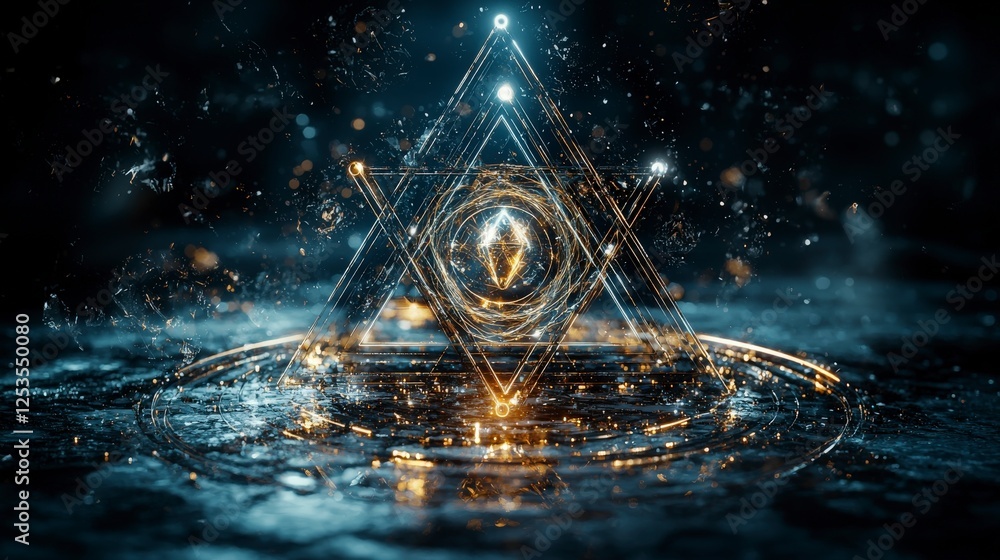 Poster Dynamic triangles and circles in rhythmic alignment over water surface abstract art dark environment aesthetic viewpoint