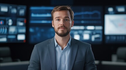 Fototapeta premium A man in a suit is looking at the camera. The image is of a man in a suit with a beard and a blue shirt