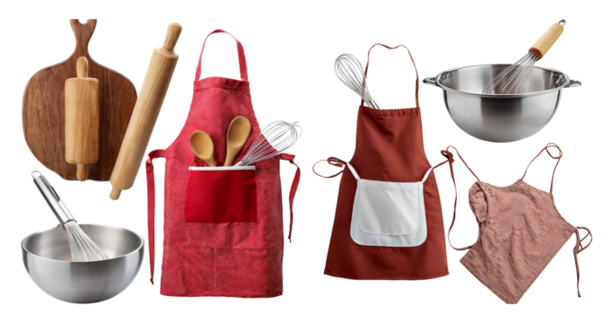 Colorful Kitchen Utensils and Aprons for Cooking and Baking, isolated on transparent background