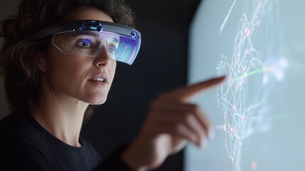 A woman wearing a virtual reality headset pointing at a screen. Concept of excitement and curiosity as the woman explores the virtual world