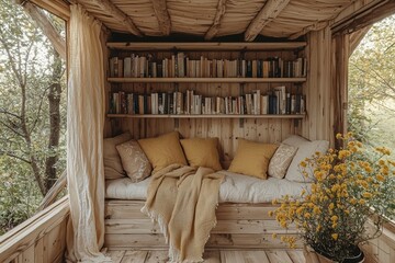 Cozy scandinavian-inspired reading nook with high fidelity serene forest setting interior design tranquil viewpoint comfort concept