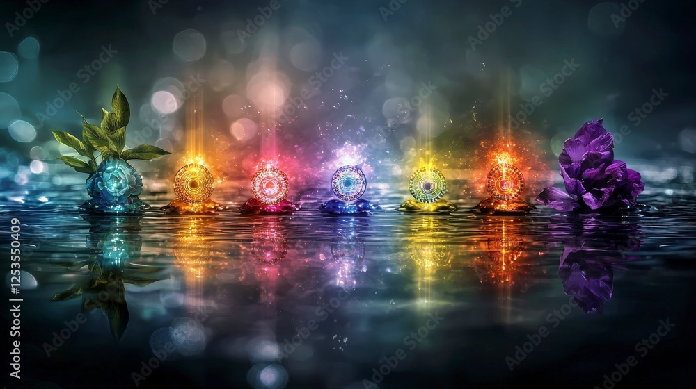 Aufkleber vibrant vertical streams of light with nature elements calming waters digital art serene environment