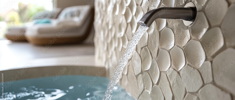 Aufkleber soft beige stone wall with hexagonal tile pattern and flowing water in relaxing spa environment